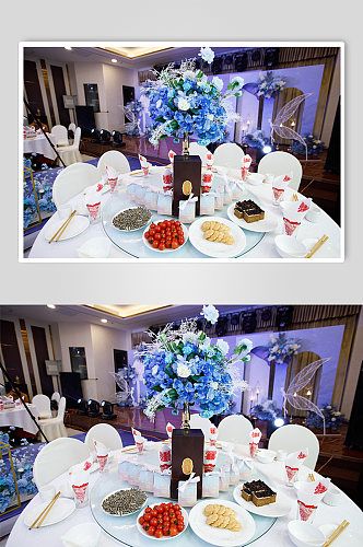 婚礼蓝色桌花照片