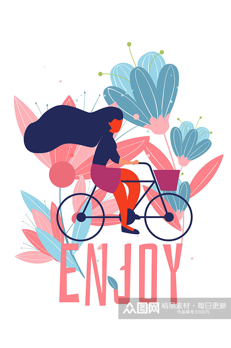 创意骑单车女子和花卉矢量图素材