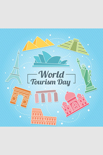 彩色世界旅游日著名建筑贺卡矢量图