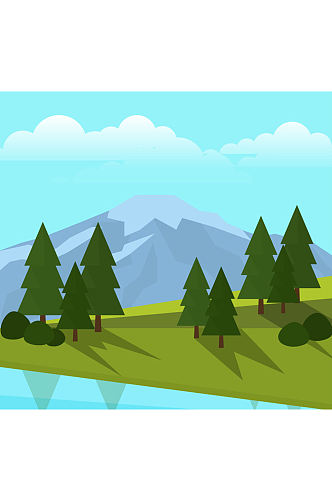 绿色山坡树木和远山风景矢量图