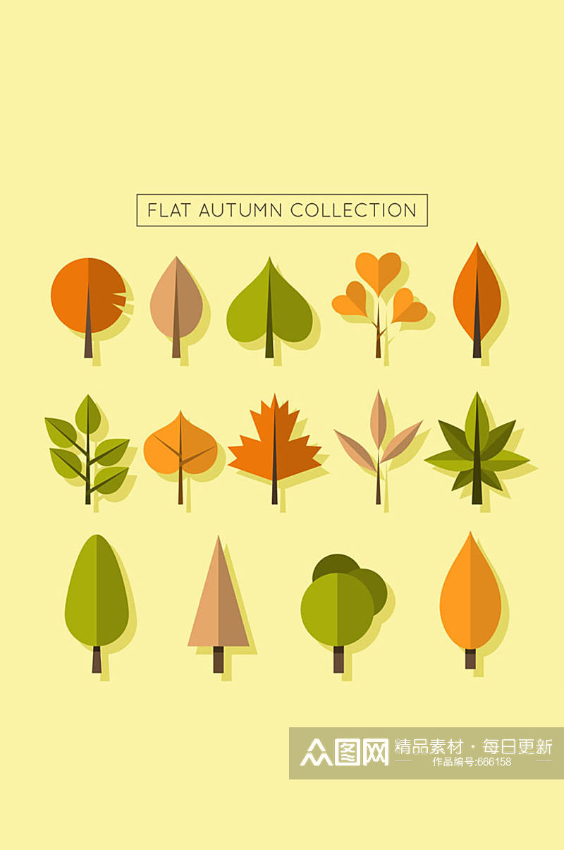 10款彩色秋季树叶和3款树木矢量图素材