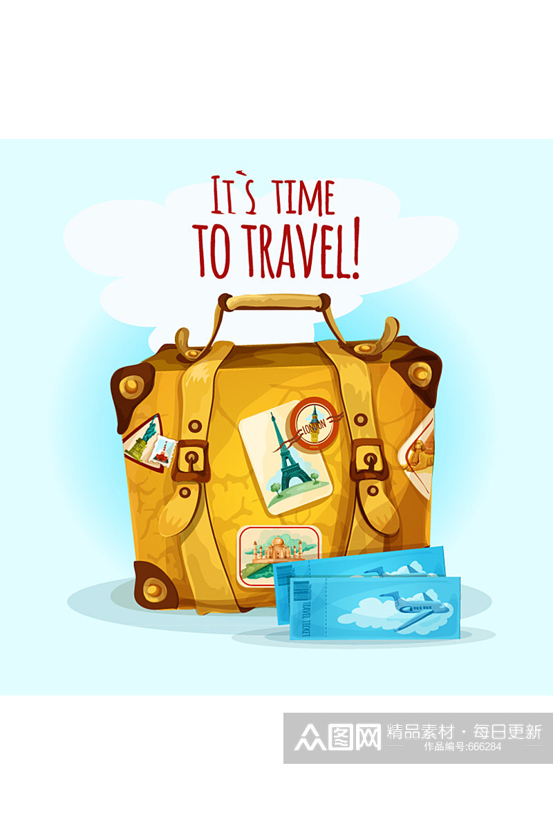彩绘旅游行李箱和飞机票矢量素材素材