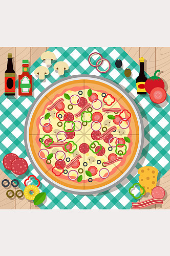 美味披萨和原料俯视图矢量素材