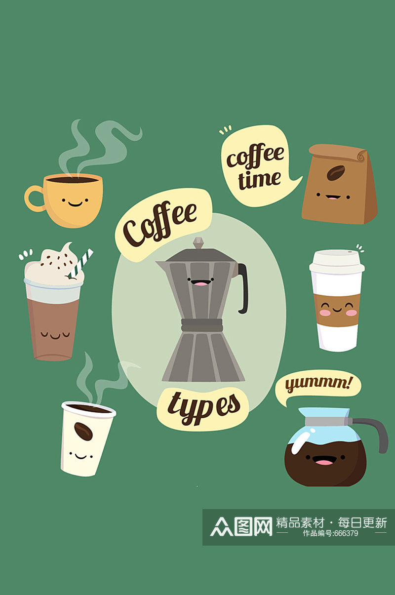 7款可爱表情咖啡矢量素材素材