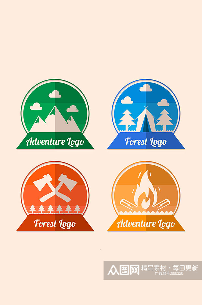 4款彩色森林探险标志矢量素材素材