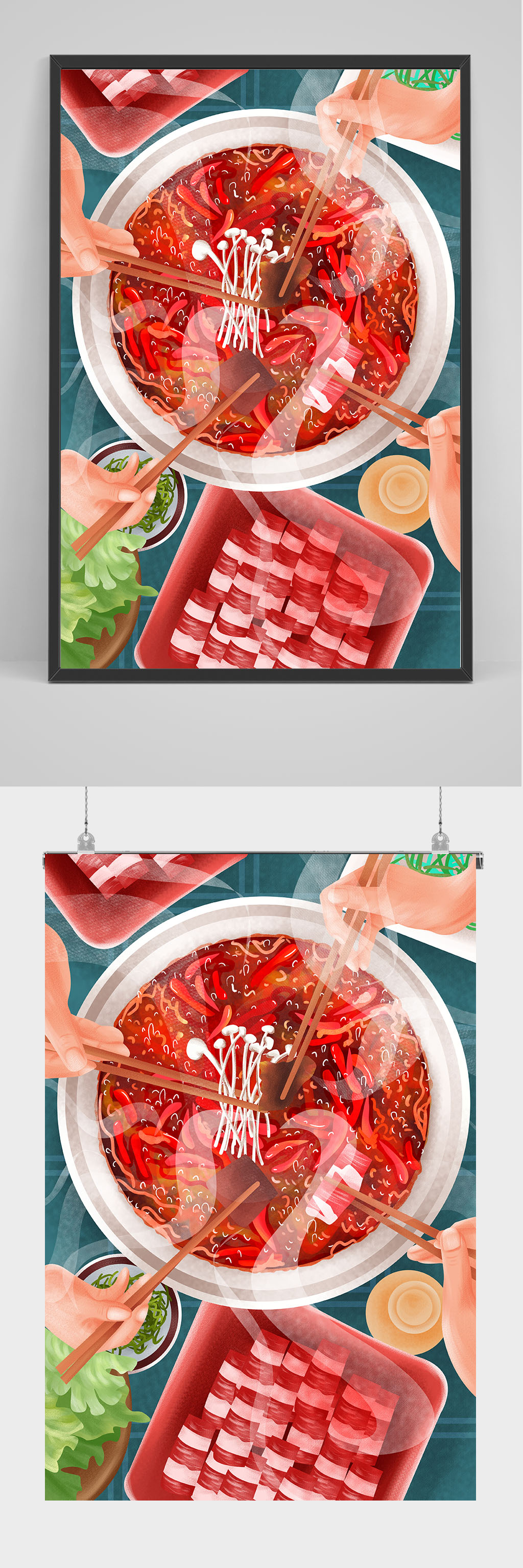 吃火锅的人们手绘插画素材