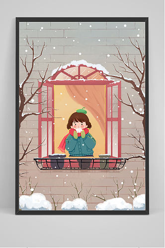 冬季打开窗户的女孩手绘插画