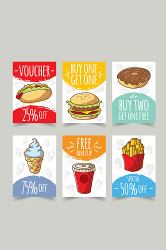 6款彩绘快餐食品促销卡片矢量图