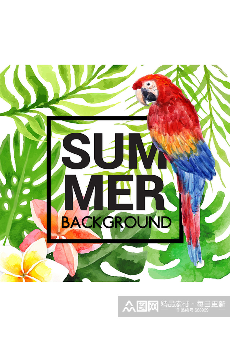 夏季热带鹦鹉和花草矢量素材素材