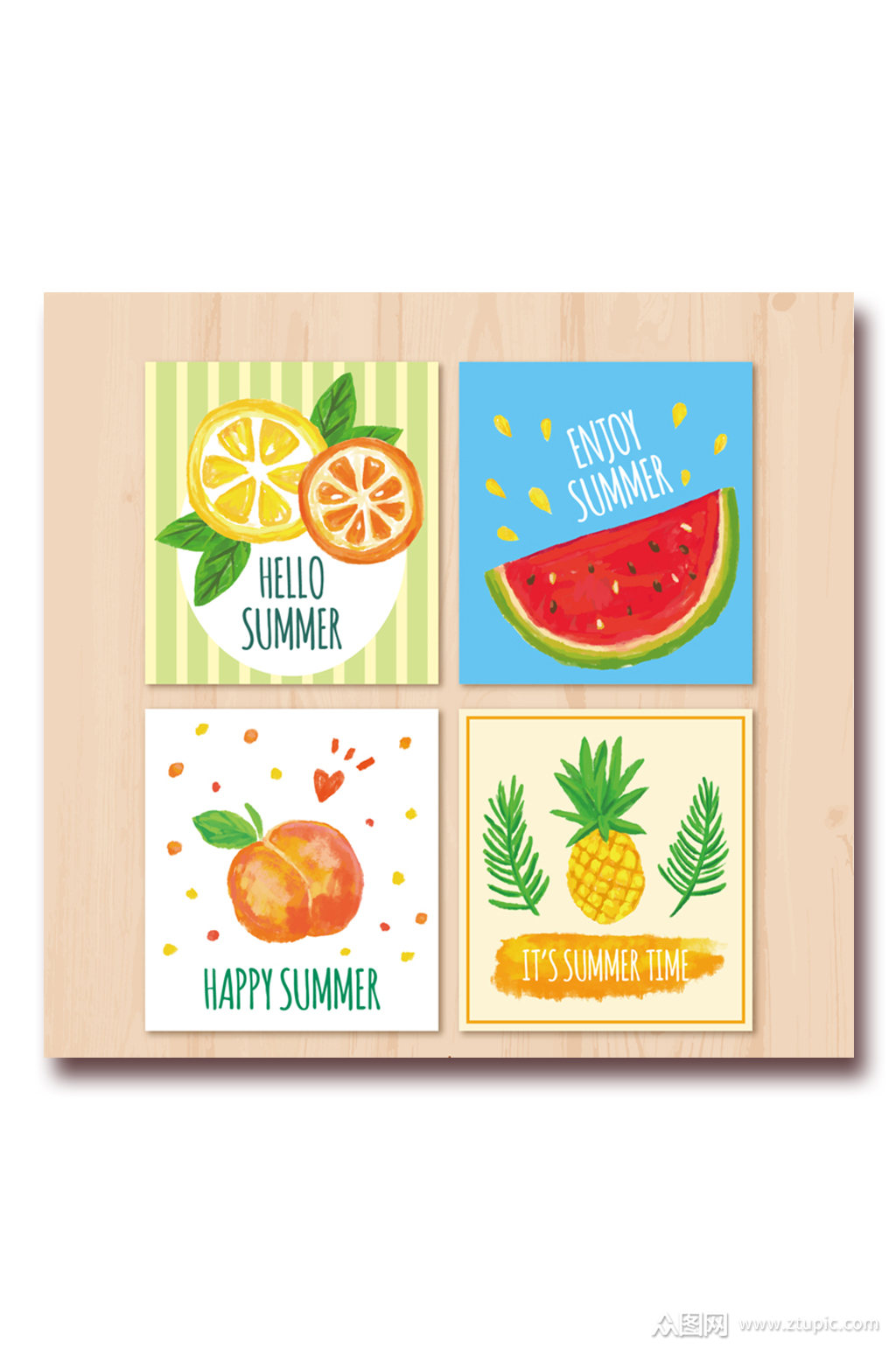 4款水彩绘夏季水果卡片矢量素材