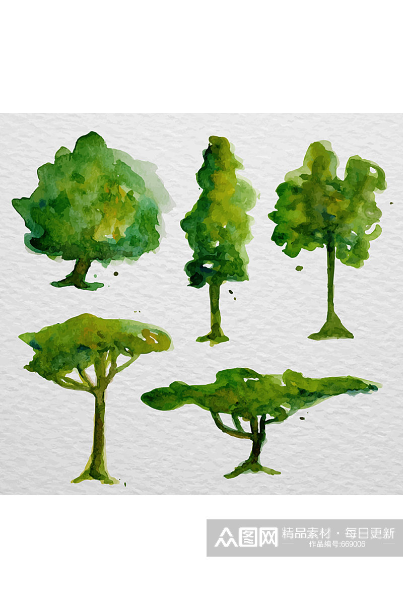 5款水彩绘树木设计矢量图素材