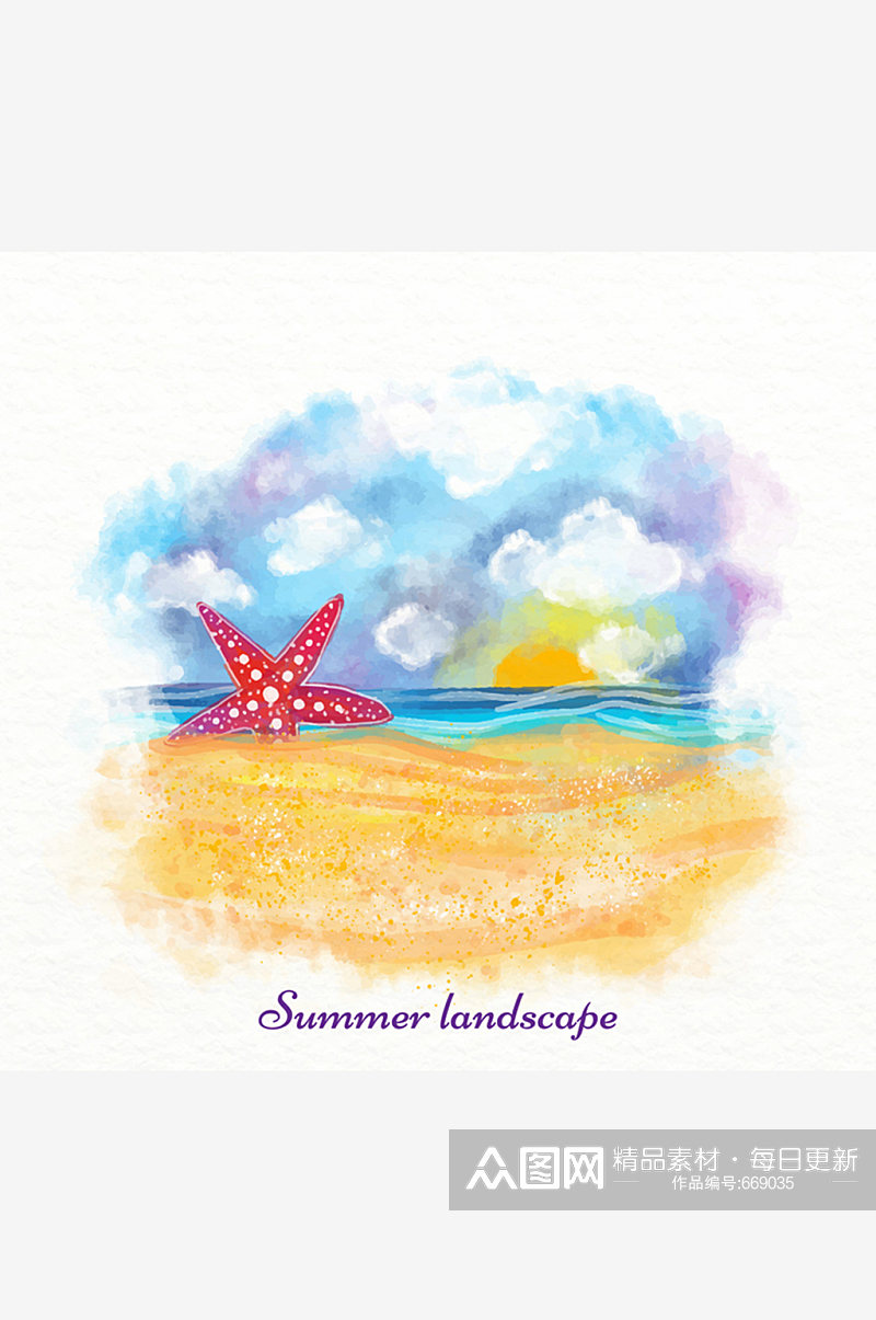 彩绘夏季沙滩风景矢量图素材