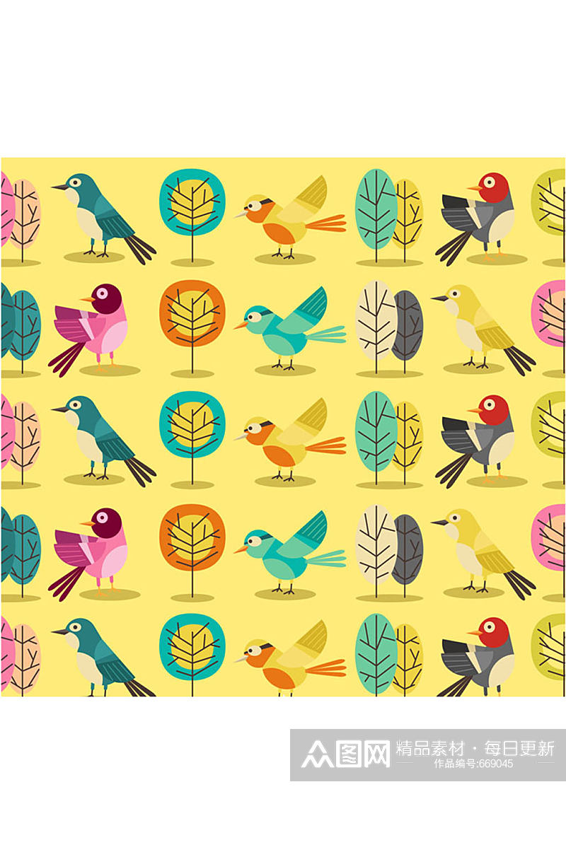 创意鸟和树木无缝背景矢量图素材