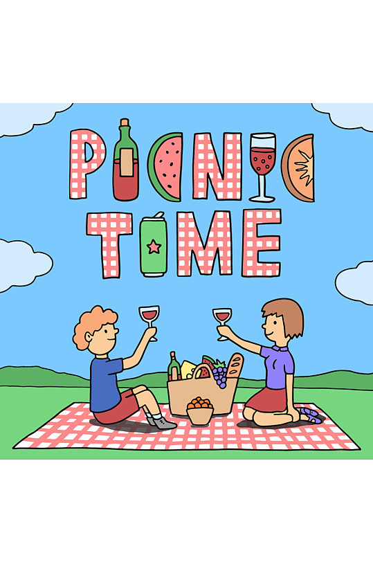 夏季郊外野餐的男女矢量素材材