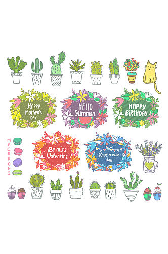 16款彩绘盆栽和5款节日标签矢量图