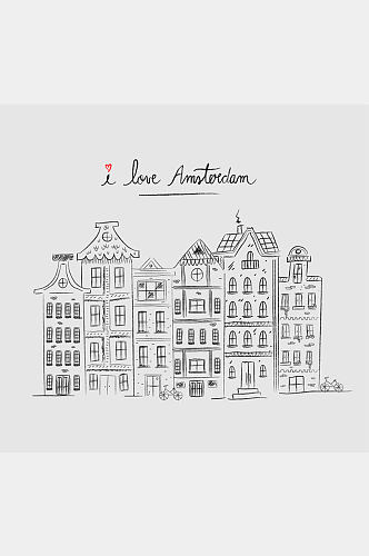 手绘荷兰阿姆斯特丹建筑矢量素材