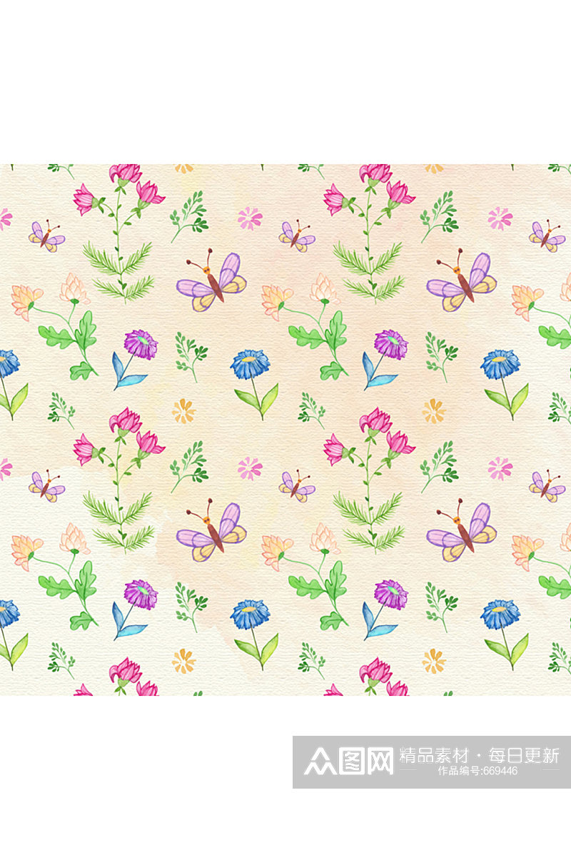 彩绘花卉和蝴蝶无缝背景矢量图素材