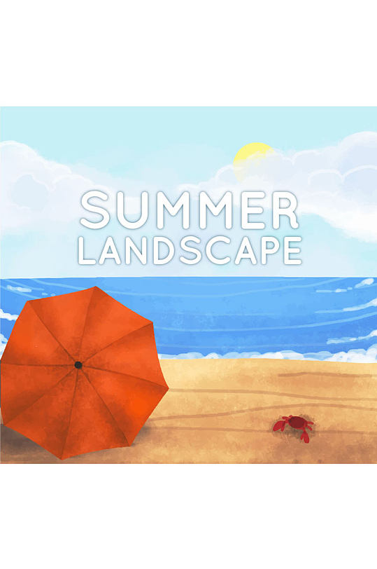 夏季沙滩遮阳伞和螃蟹矢量图