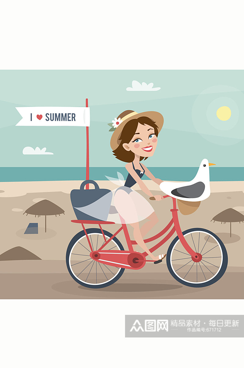 海边骑单车的度假女郎矢量图素材