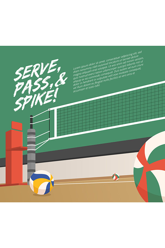 创意排球场隽语插画矢量素材-众图网