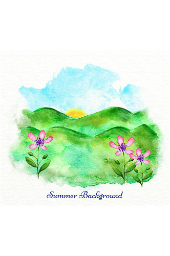 水彩绘夏季山野风景矢量图