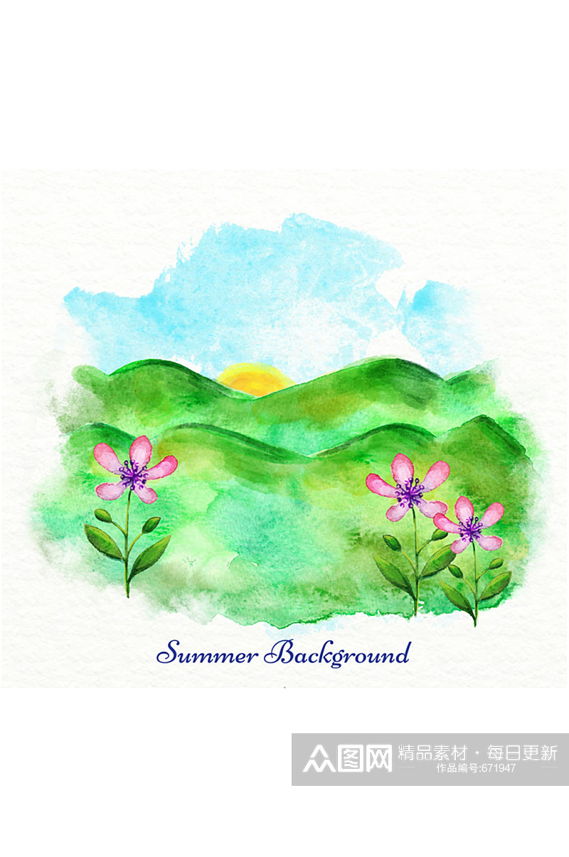 水彩绘夏季山野风景矢量图素材