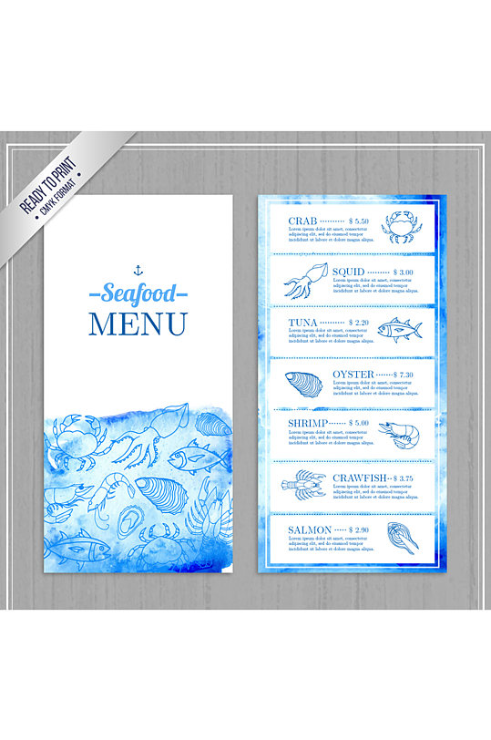 彩绘海鲜店菜单设计矢量素材