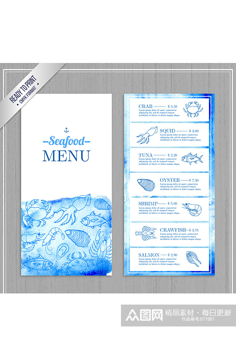 彩绘海鲜店菜单设计矢量素材素材