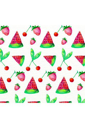 彩绘西瓜樱桃草莓无缝背景矢量图