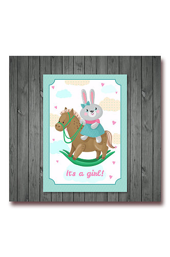 可爱骑木马的兔子迎婴贺卡矢量图