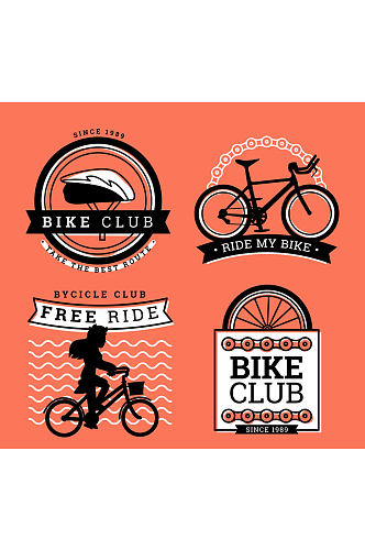 4款复古自行车俱乐部标签矢量图