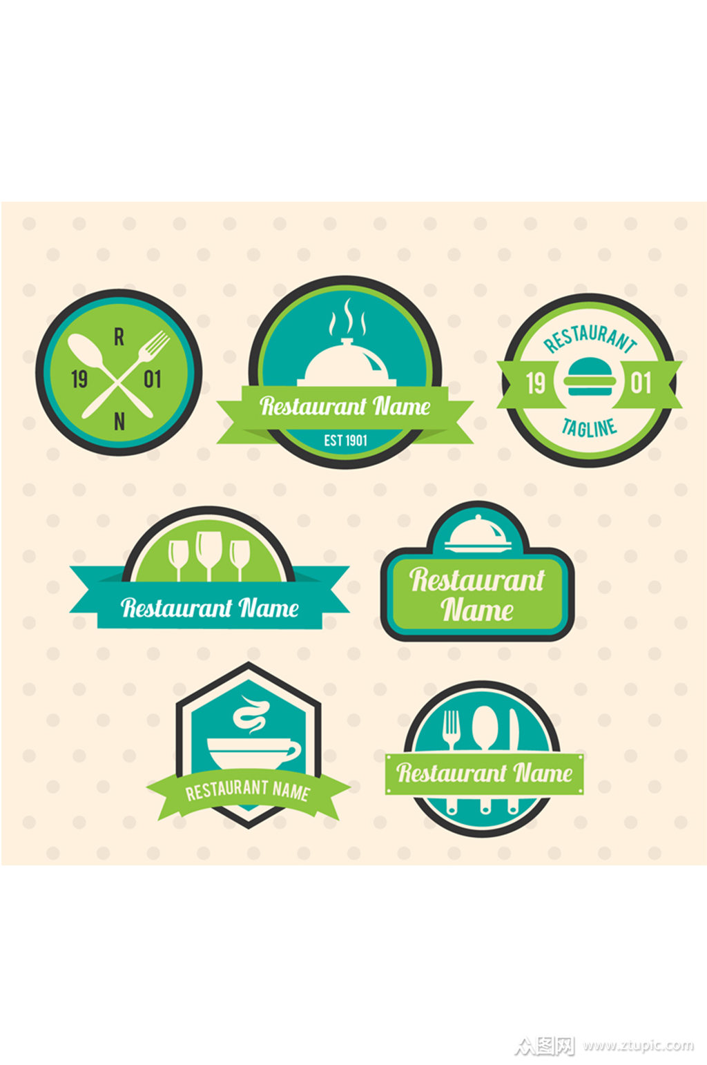 7款蓝色餐馆标签设计矢量素材