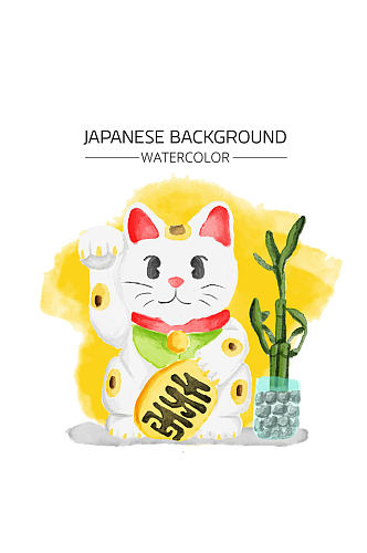 水彩绘白色日本招财猫矢量素材