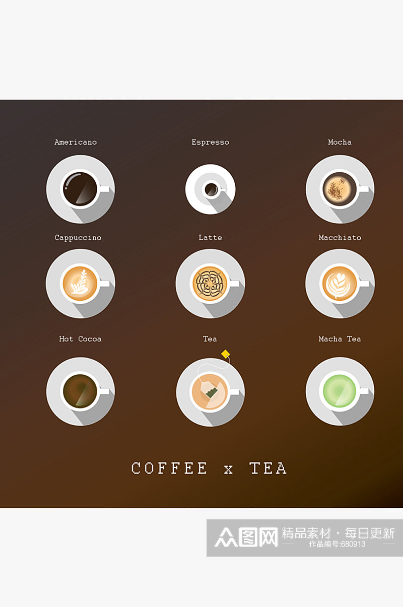 9款美味咖啡俯视图矢量素材素材