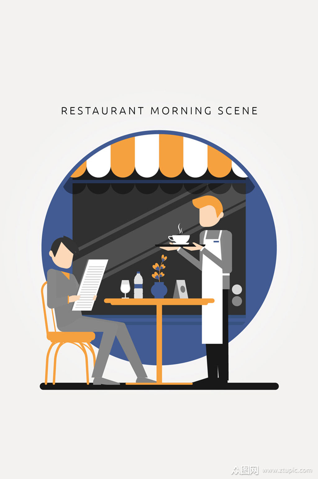 餐厅点餐的男子和服务生矢量图