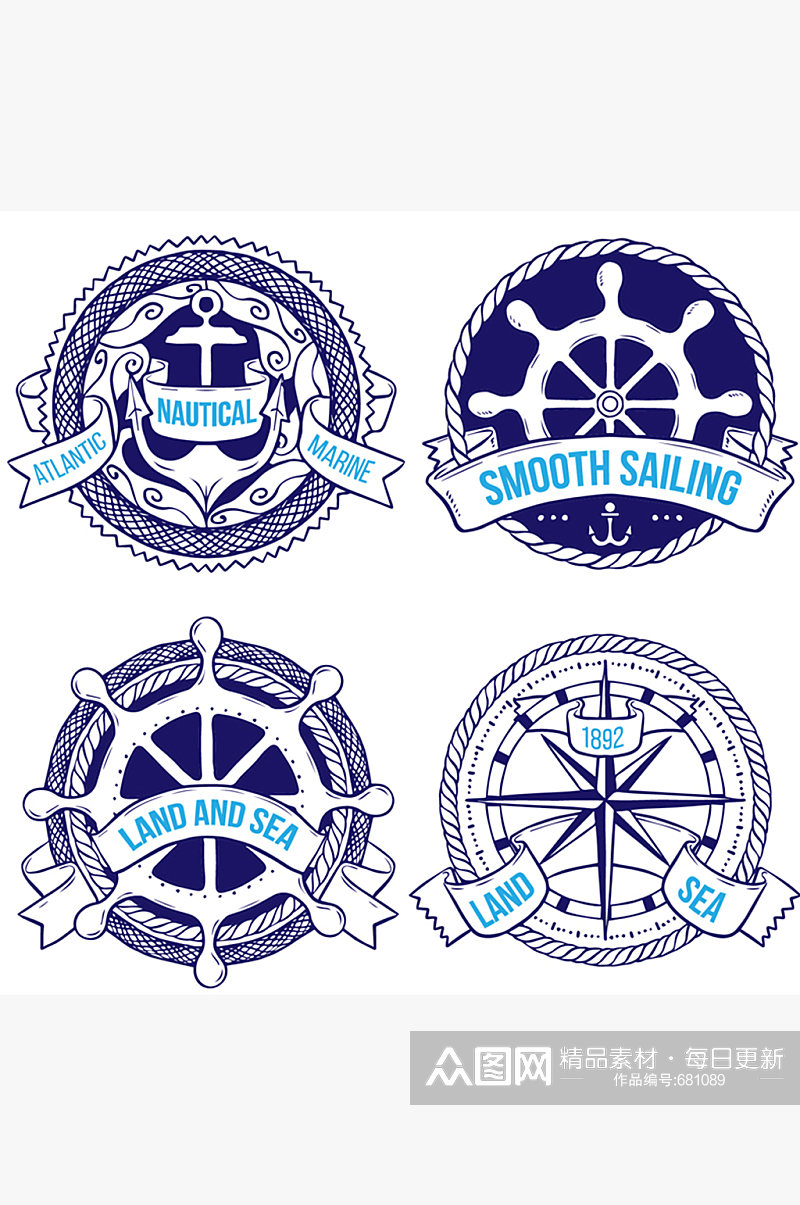 4款蓝色彩绘航海徽章矢量素材素材