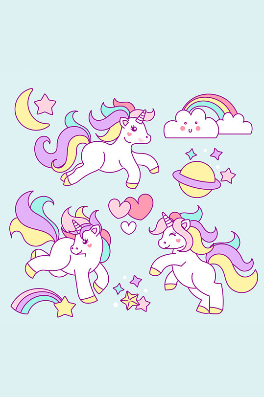 >彩绘3只独角兽生日卡片矢量素材