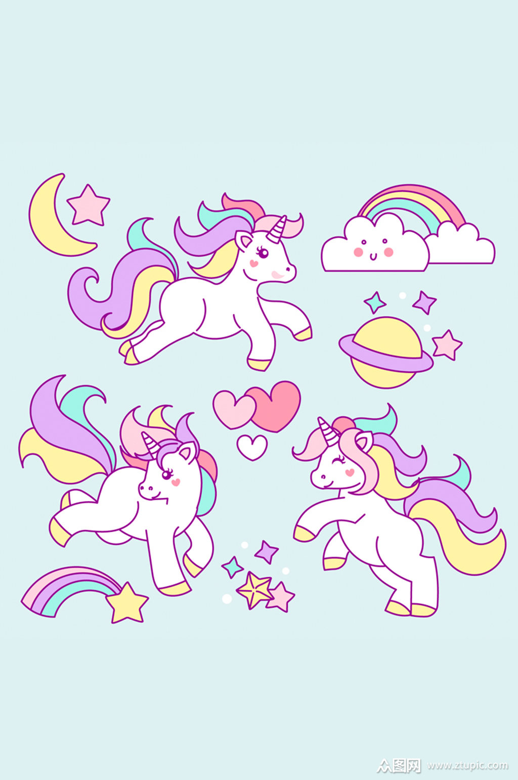 3只彩色独角兽矢量素材