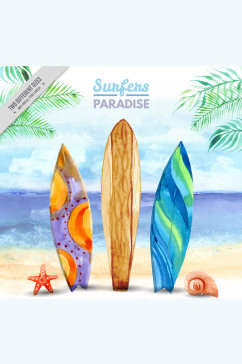 3个立在沙滩上的彩色冲浪板矢量素材