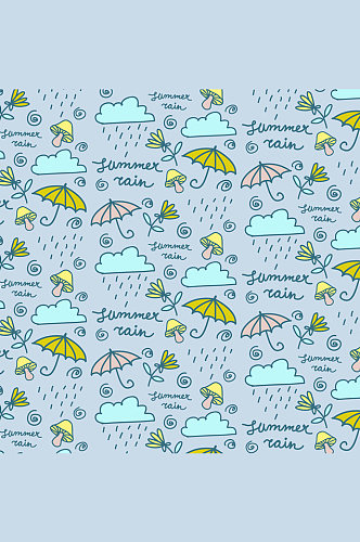 彩绘雨云和雨伞无缝背景矢量素材