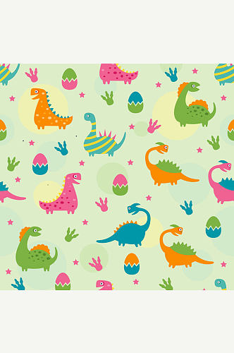 彩色恐龙蛋和恐龙无缝背景矢量图