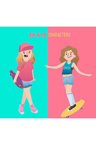 2款卡通玩滑板的女孩矢量素材
