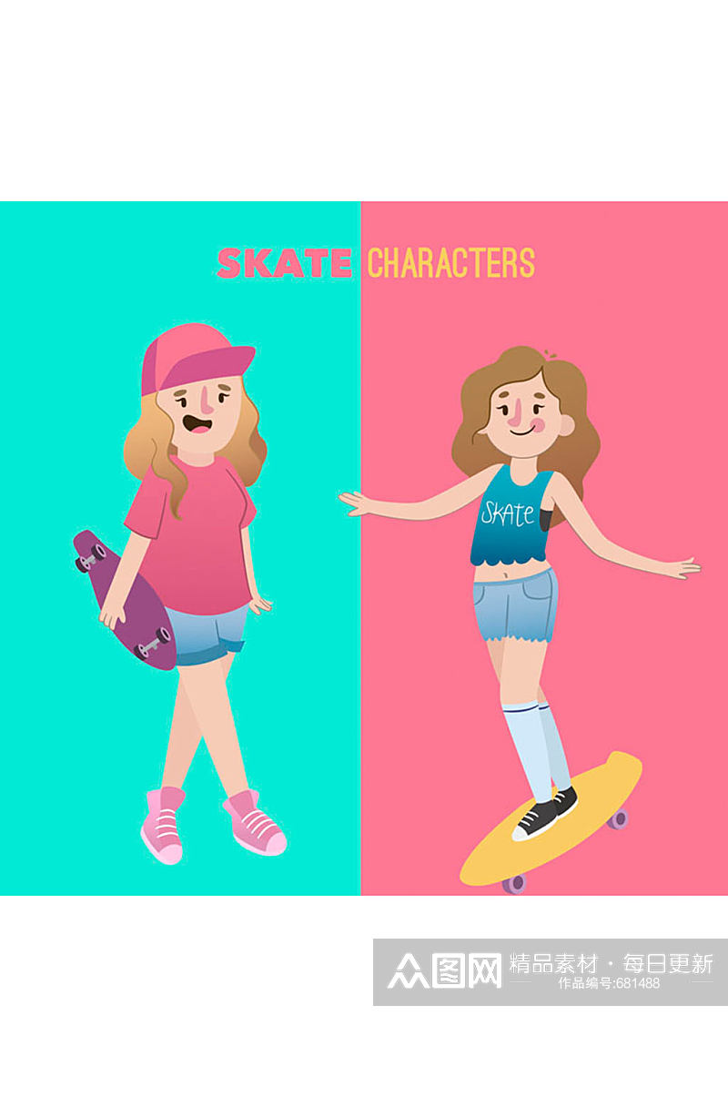2款卡通玩滑板的女孩矢量素材素材