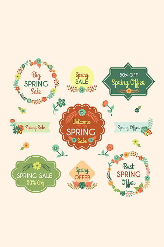 9款卡通花卉春季促销标签矢量素材