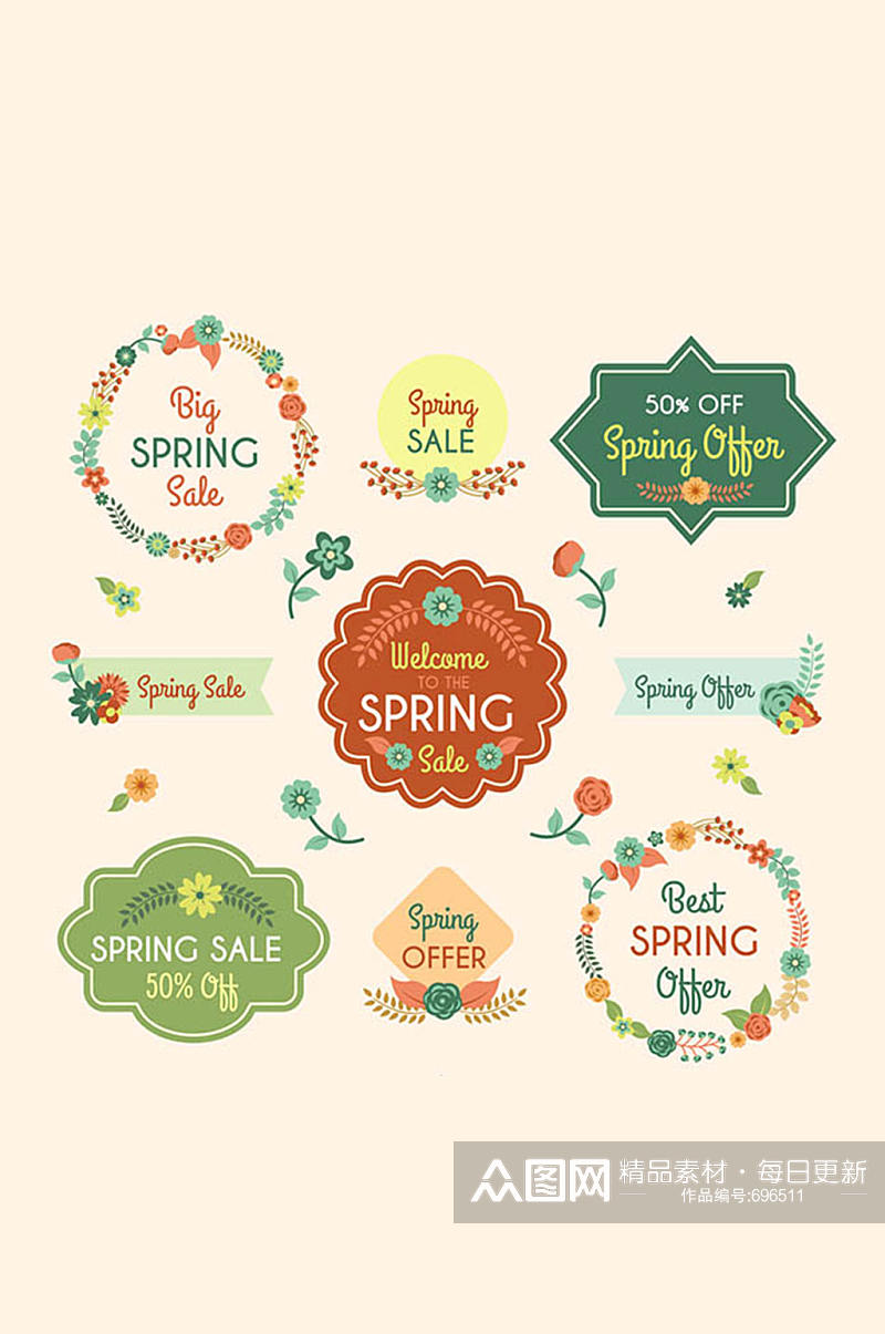 9款卡通花卉春季促销标签矢量素材素材