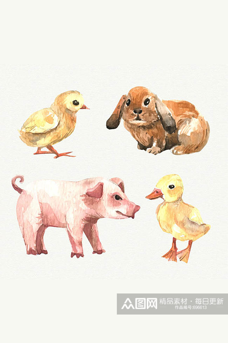 4款水彩绘农场动物矢量素材素材