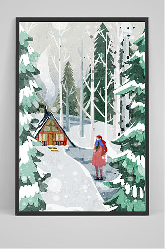 创意手绘冬季郊外单独女孩插画设计