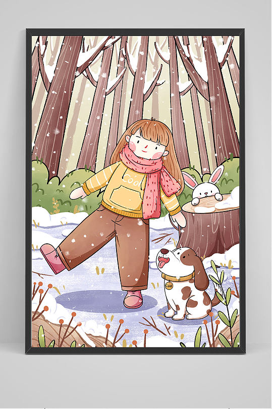 手绘在树林中的女孩和小动物插画设计