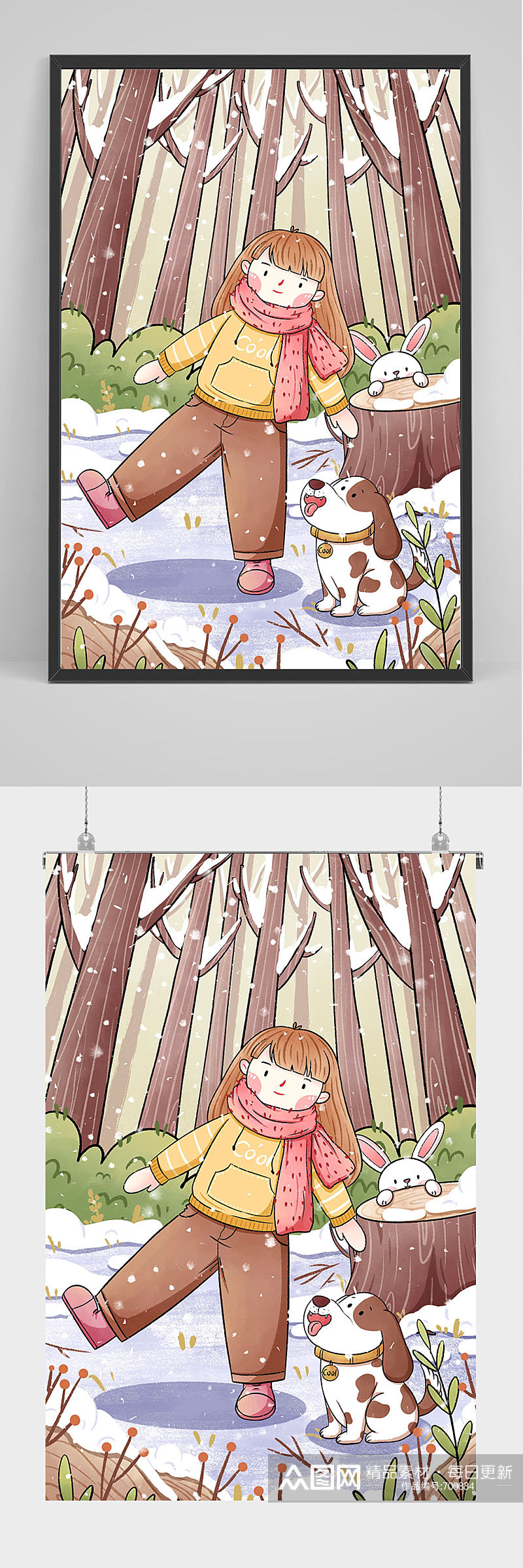 手绘在树林中的女孩和小动物插画设计素材