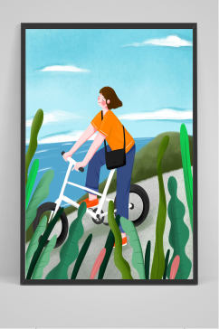 手绘骑单车的女子插画设计